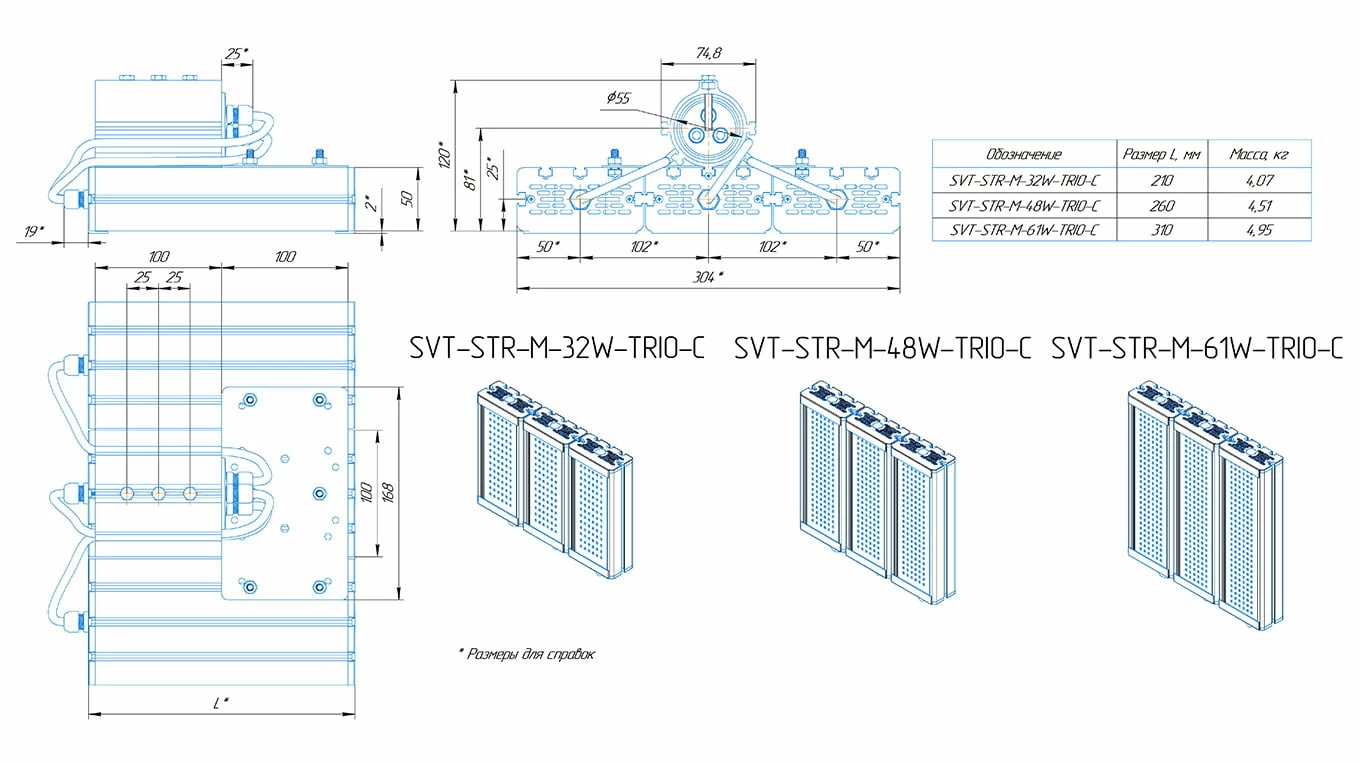 Уличный светодиодный светильник 96 Вт. Модуль SVT-STR-M-32W-TRIO-C (консоль)-УХЛ1